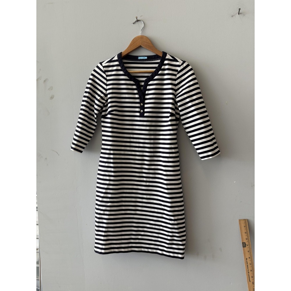 J. McLaughlin Dress Womens S Blue Stripe Henley Shift 3/4 Sleeve Knee Length